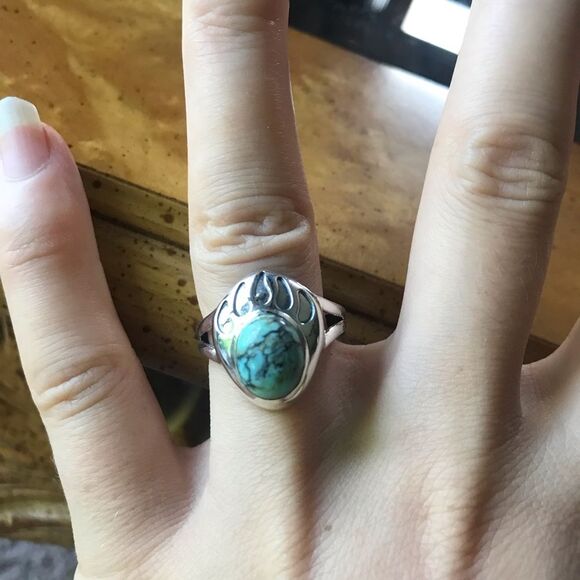 Natural Blue Moon Turquoise Sterling Silver Bear Paw Ring Size 7 - Picture 6 of 7